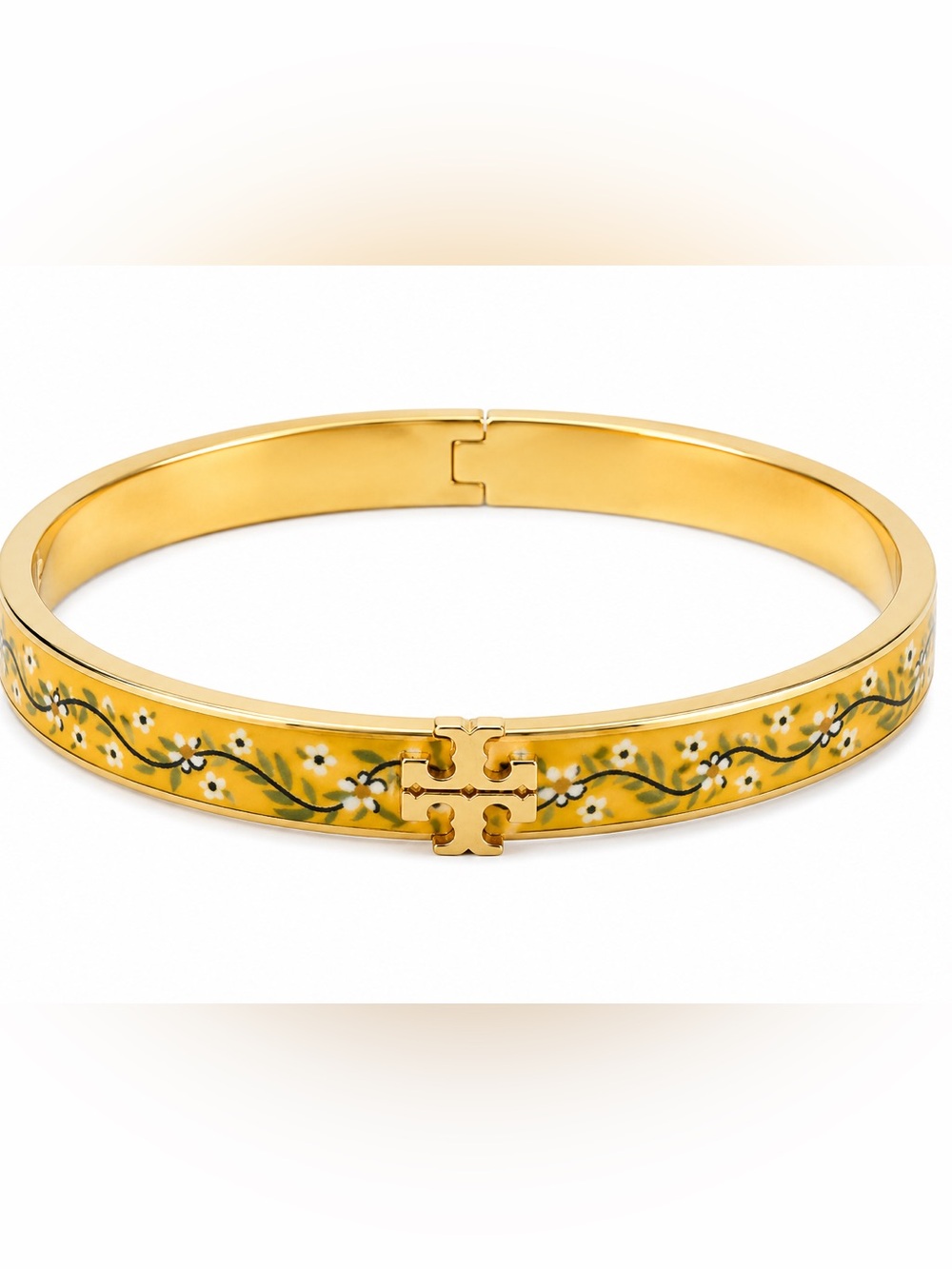 Tory Burch Gold Tone Yellow Floral Enamel Hinged Bangle Bracelet Double T